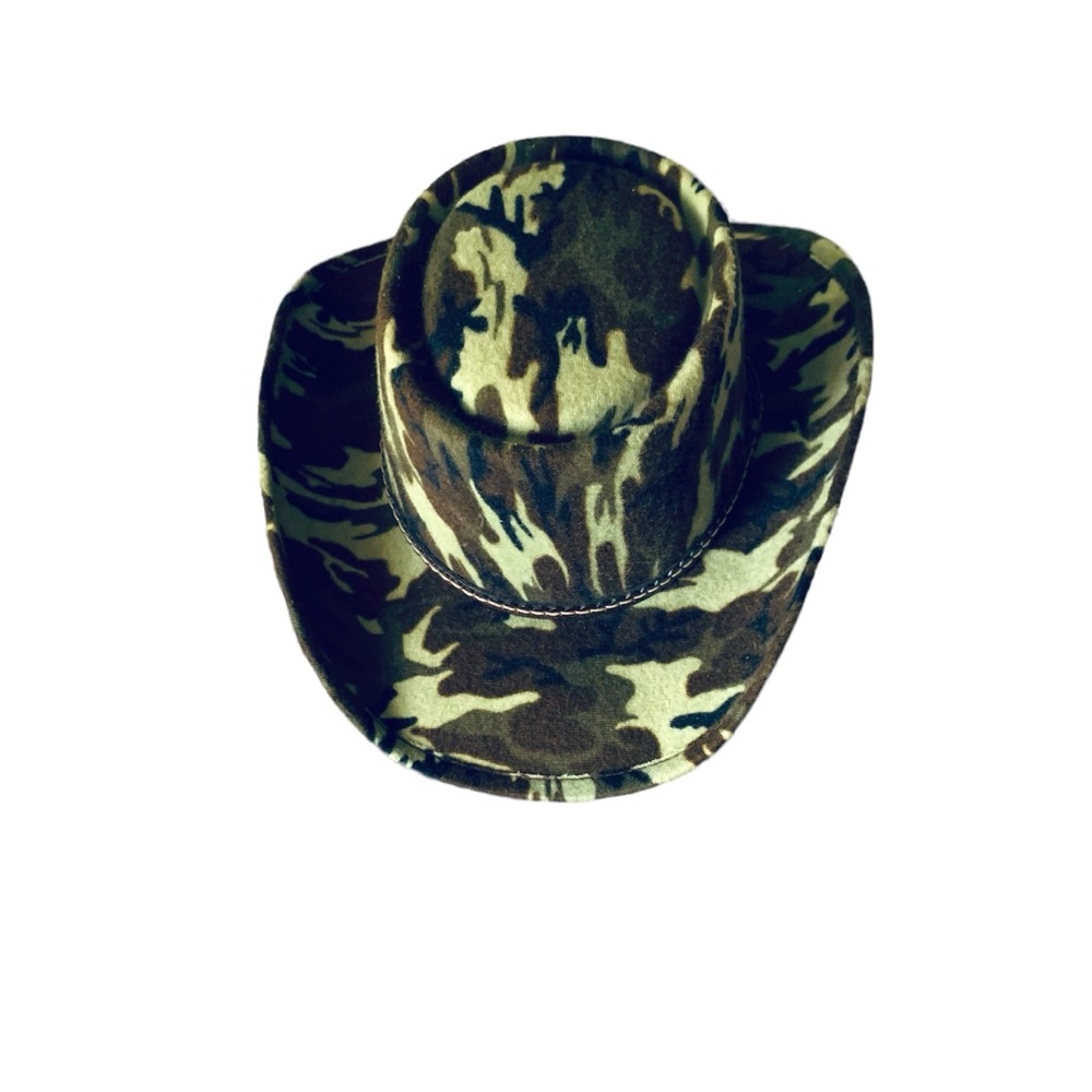 Vtg green & brown camouflage felt Telescope Gambler cowboy hat leather band 6.75